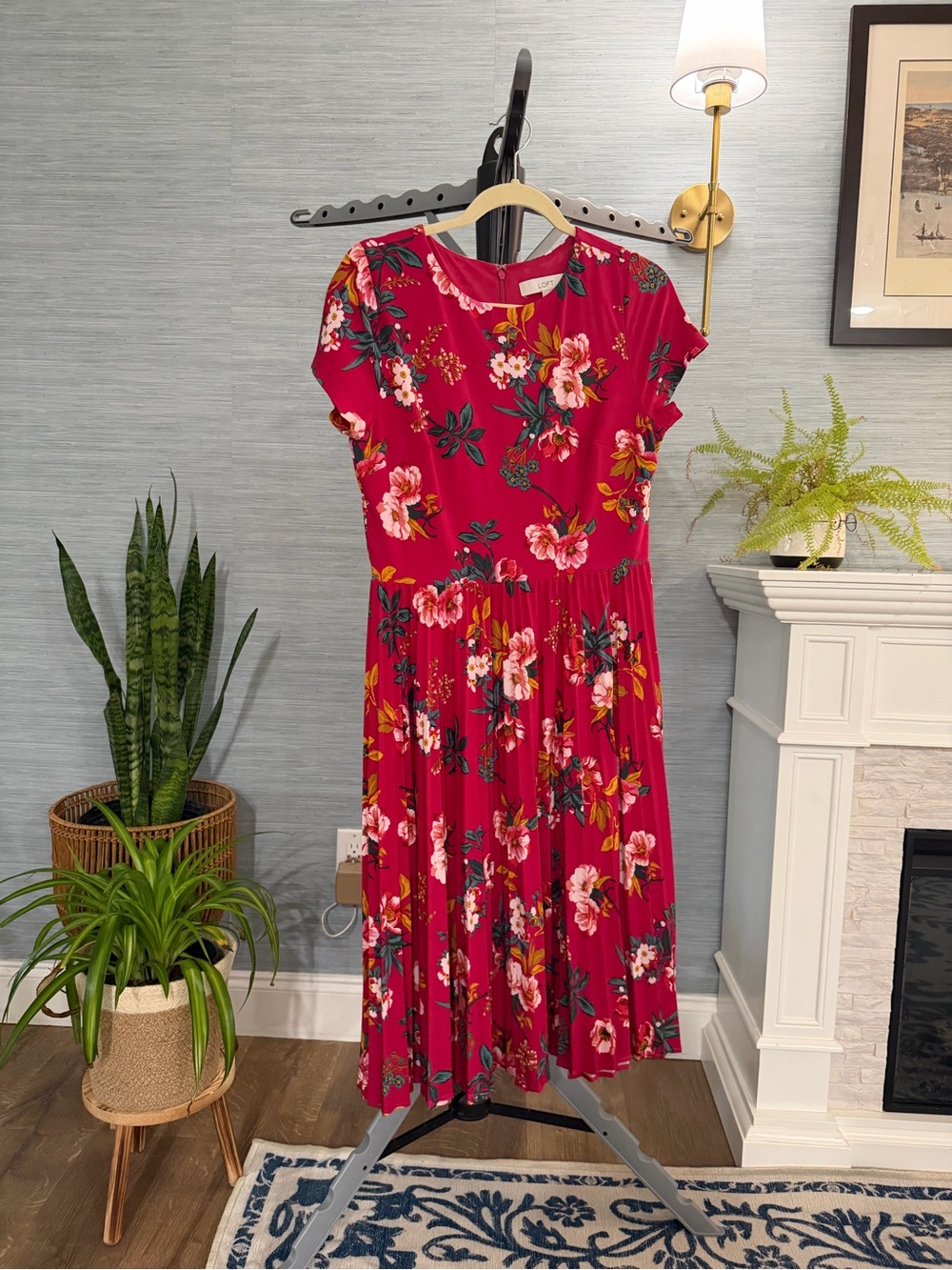 LOFT Raspberry Floral Short-Sleeve Midi Dress